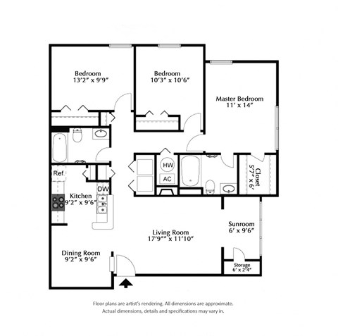 Floor plan for 3 beds, 2 baths, 1265 sqft
